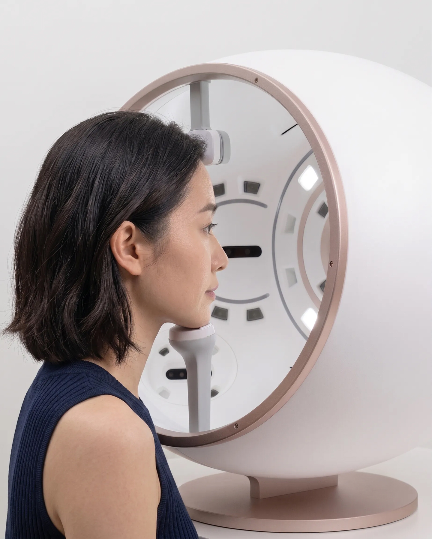 Patient seated at a digital facial-analysis imaging dome in the clinic